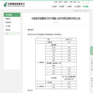 中国邮政储蓄银行关于调整人民币存款挂牌利率的公告